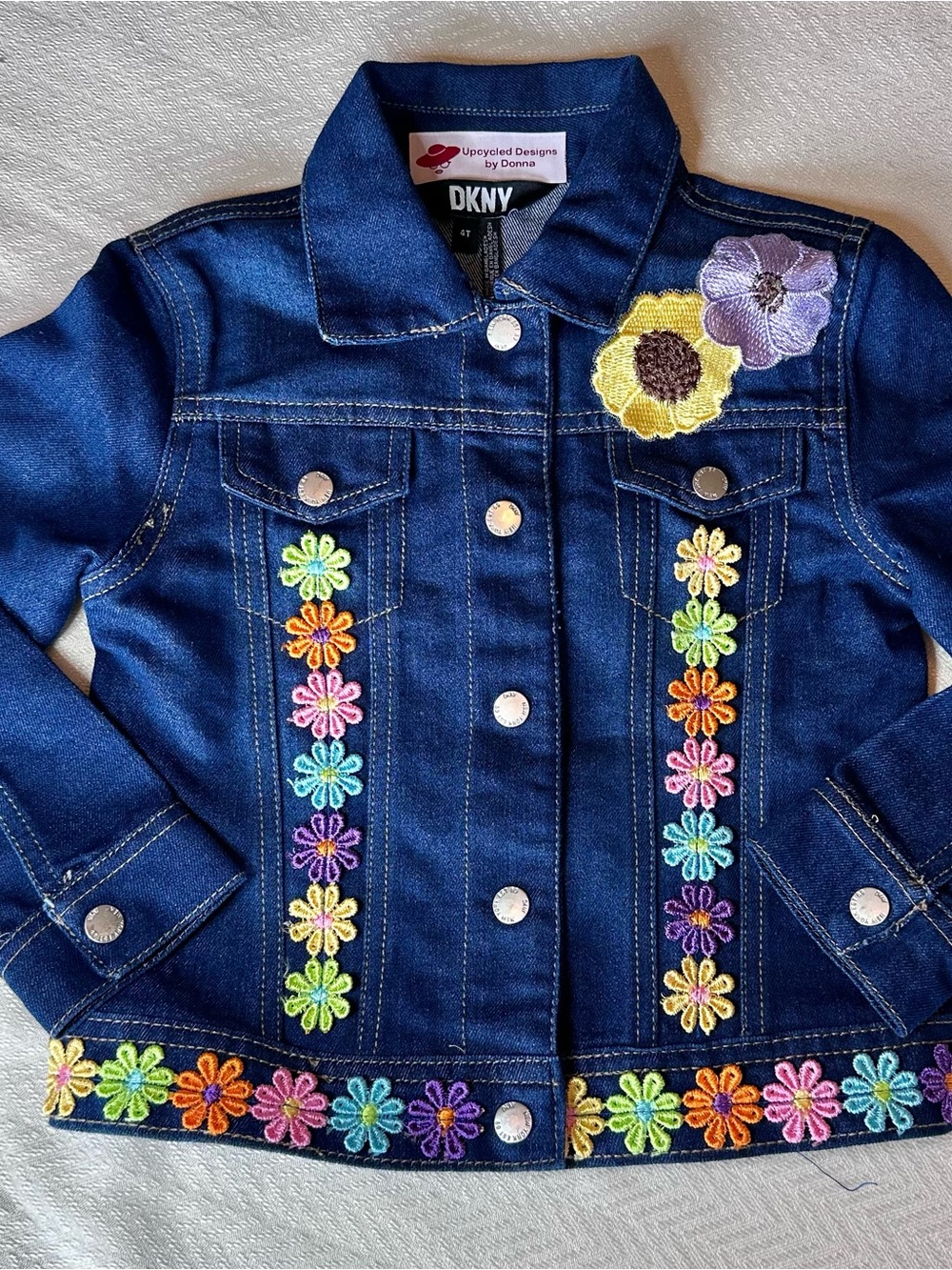 Upcycled Child’s Blue Denim Jacket with Multicolor Floral Embroidery